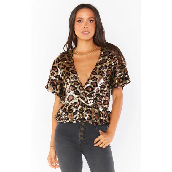 Show Me Your MuMu Tops - Show Me Your Mumu Eve Cheetah Sequin Top Black Gold Sparkly Party Blouse Small